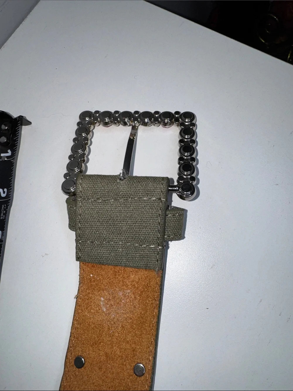 Vintage Olive Green Jeweled Statement Belt – Multicolor Rhinestone Buckle – Boho